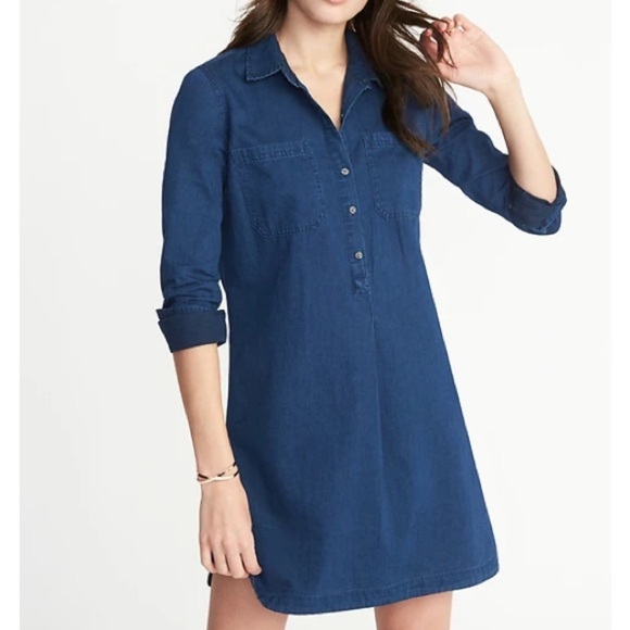 Old Navy Chambray Dark Wash Cotton 1/2 Button Down Shirt Dress XXL EUC - Picture 1 of 6